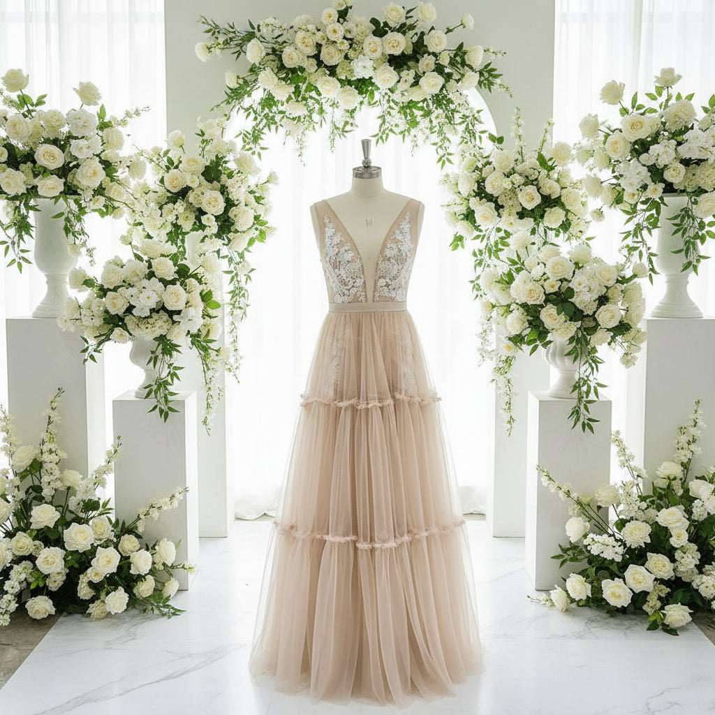 Boho Wedding Dress Plunging Neck Bohemian Bridal Sleeveless Gown