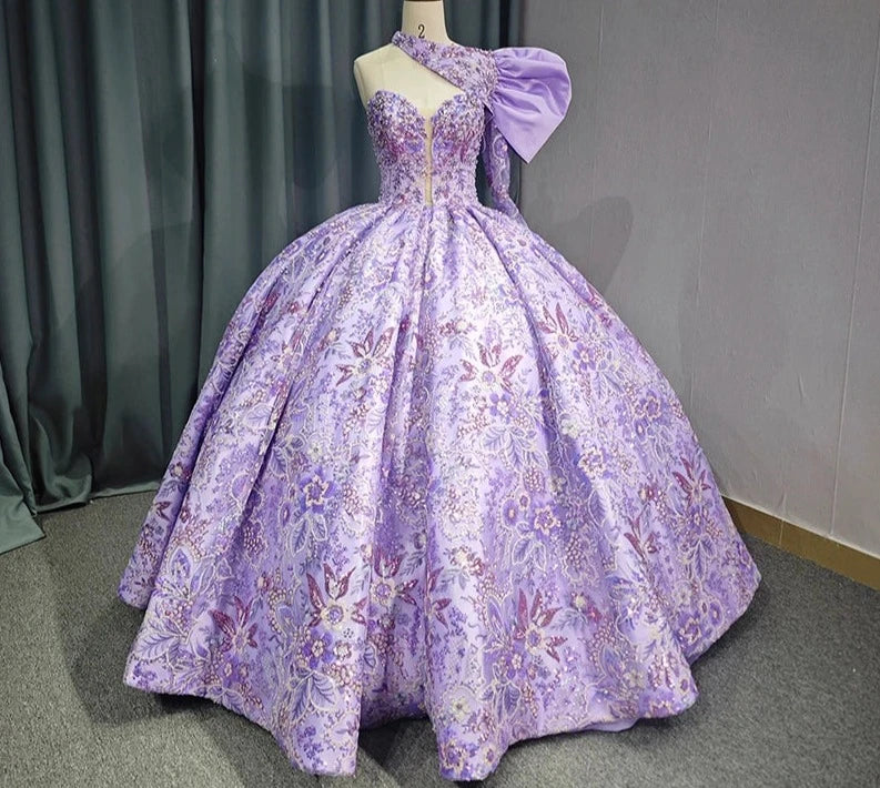 Purple Quinceanera  One-Shoulder Ball Gown Dress