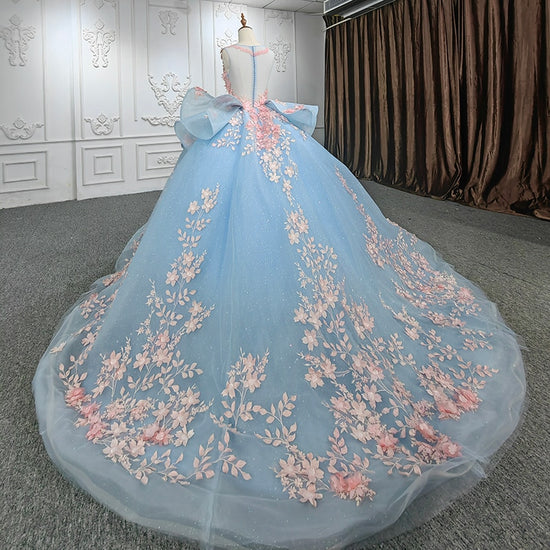 Quinceanera Blue Flower Ball Gown Dress