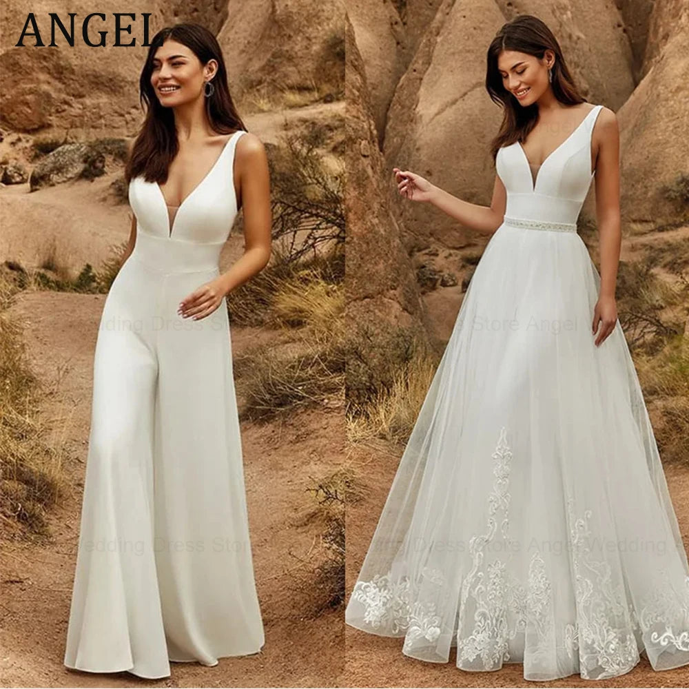 
                      
                        ANGEL 2 In 1 Wedding Jumpsuit With Detachable Skirt 2 Pieces Bridal  Pants Suit
                      
                    