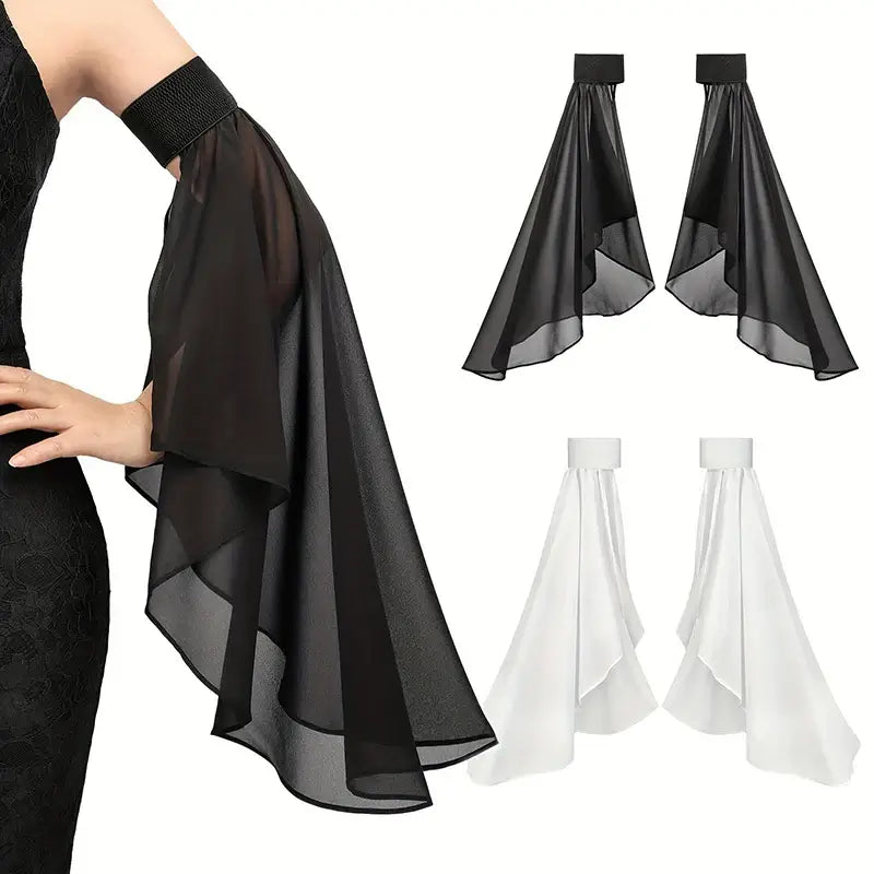 Black and white sheer sleeves with a model wearing one on a white background
