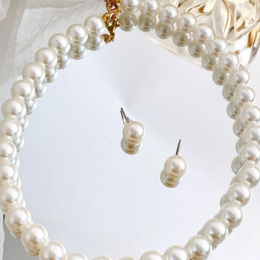 Women's Temperament Pearl Earrings And Necklace Jewelry Set