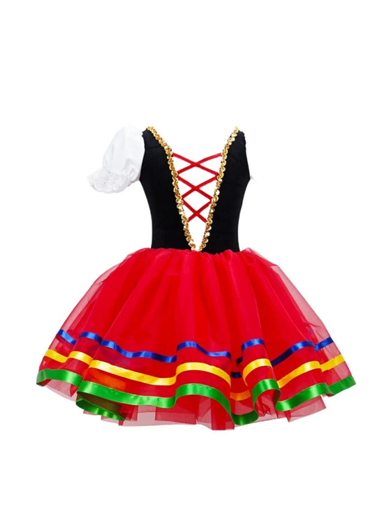 Girls Ballet Dress Red Spanish Skirt Ballerina Dance Costume