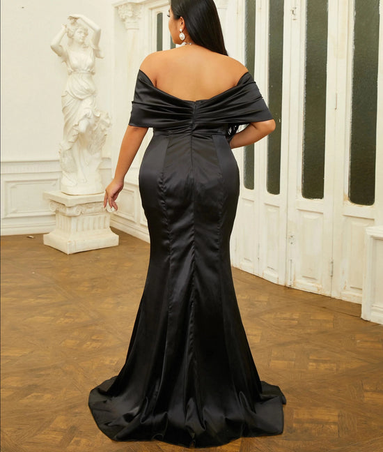 Black Satin Plus Size Evening Dress Off Shoulder Bodycon Maxi Party Gown