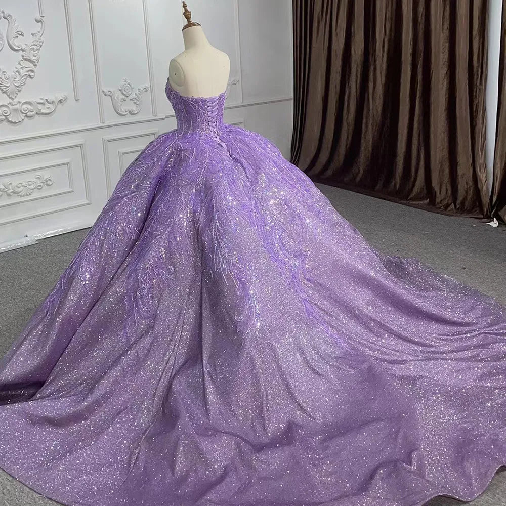 
                      
                        Sequined Beaded Purple Lace Ball Gown Sweetheart Party Dress
                      
                    