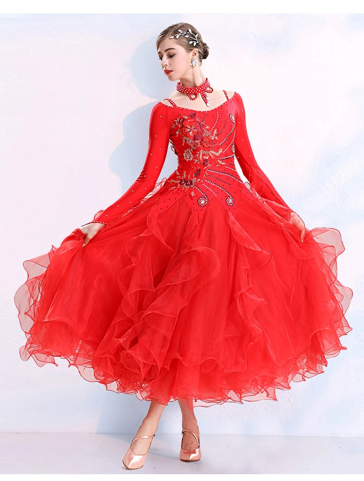 
                      
                        V Neck Fluffy Hemline Standard Ballroom Dress For Ballroom Dance Competition
                      
                    