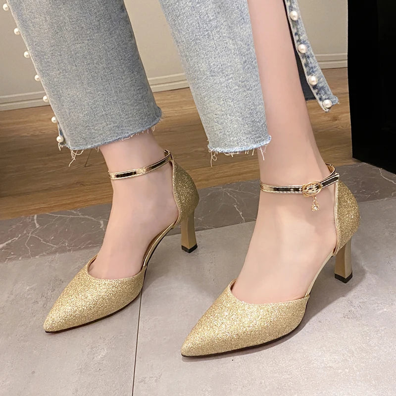 Bling Gold Silver Women's Pumps Pointed Toe Thin Heel Party Wedding Shoes