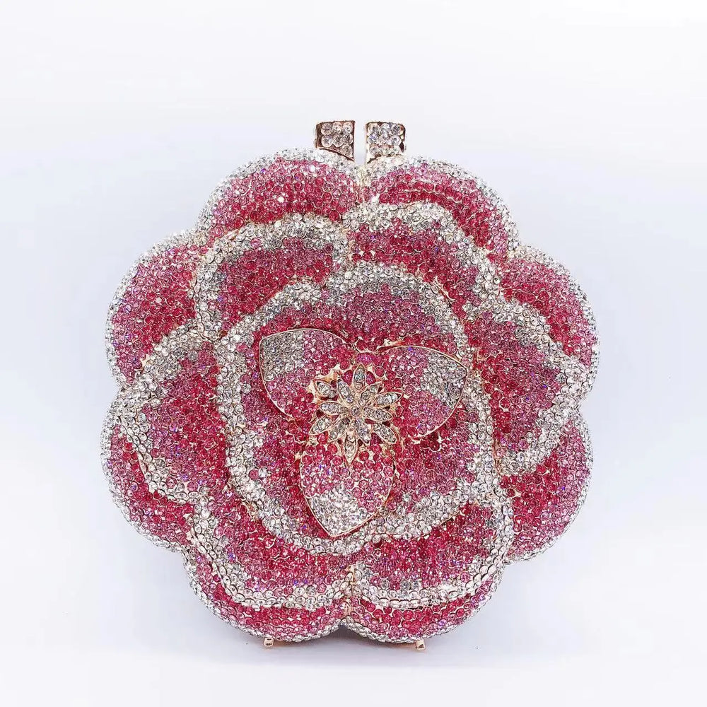 Crystal Rose Clutch Purse Rhinestone Evening Wedding Party Purse, elevate your evening with this exquisite rose floral mini clutch