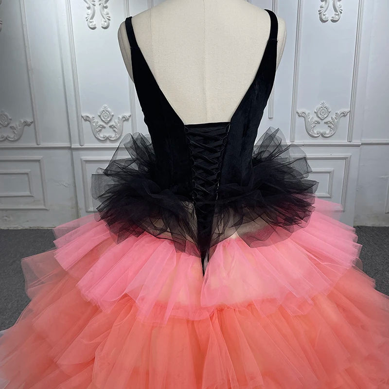 
                      
                        Exquisite Pink Black Quinceanera Dress Lace Ruched Organza Evening Ball Gown
                      
                    