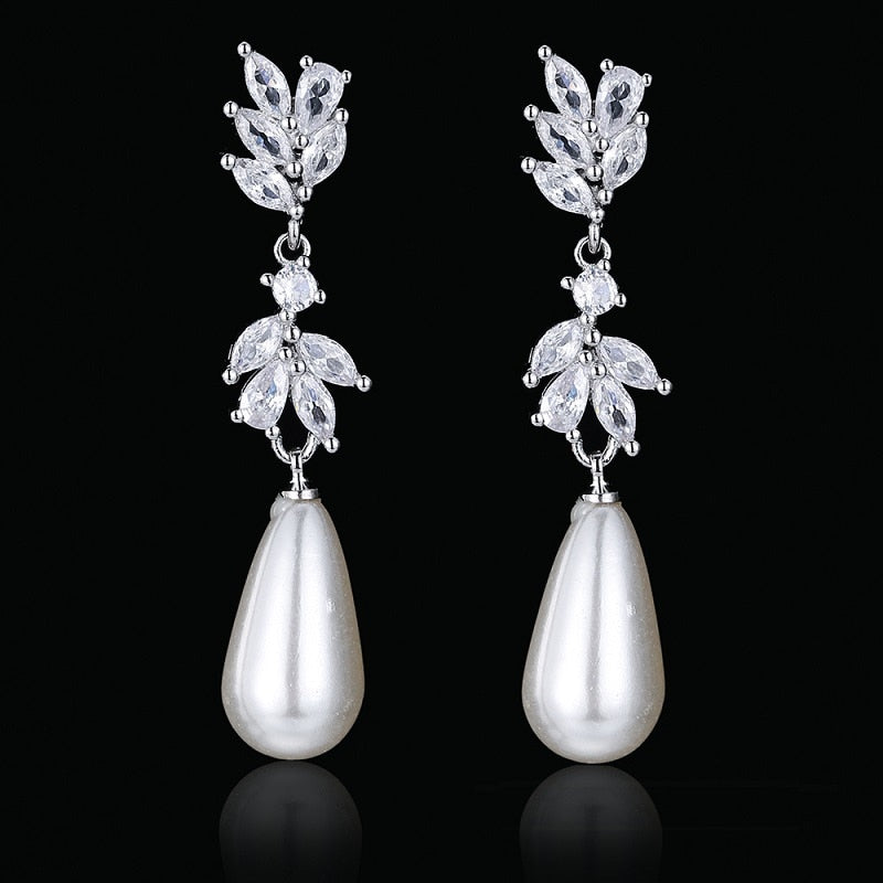 Fashion Imitation Pearl Drop Cubic Zirconia Wedding Earrings