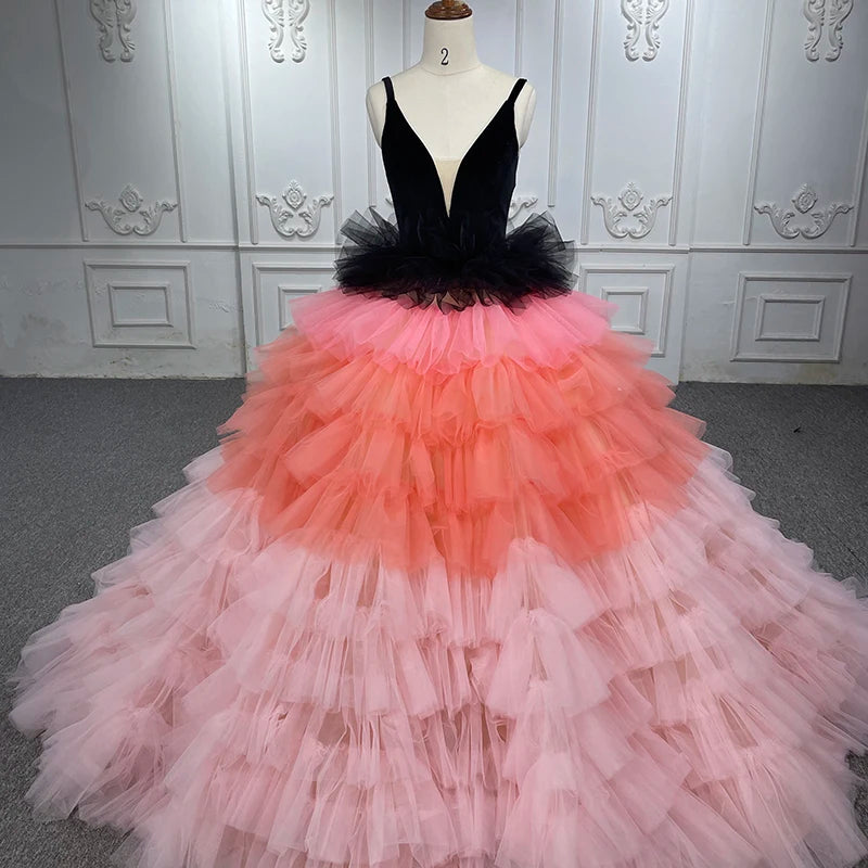 Exquisite Pink Black Quinceanera Dress Lace Ruched Organza Evening Ball Gown