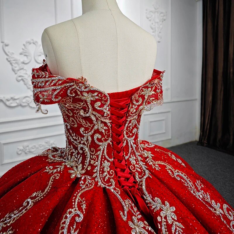 Lady in red - Queen style sleeves red sparkle ball gown wedding dress with  beadings & glitter tulle | Ball gowns, Red bridal dress, Gowns