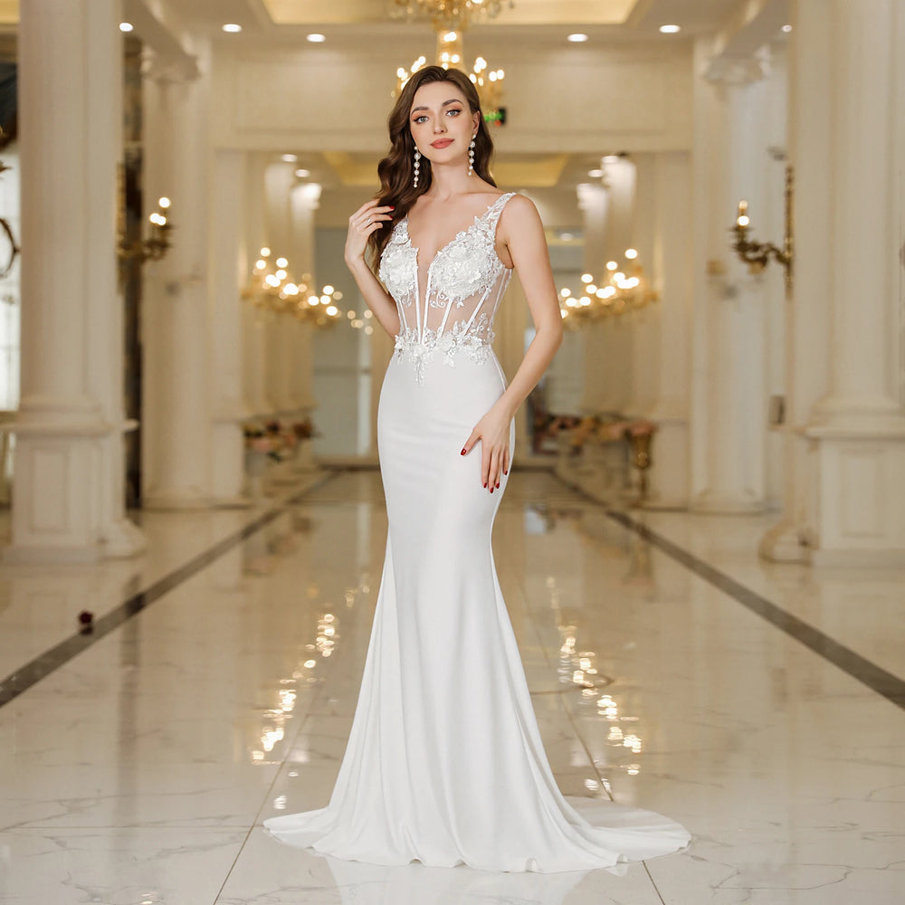 White Boho Mermaid Wedding Dresses Lace  Backless Sleeveless Party Gown