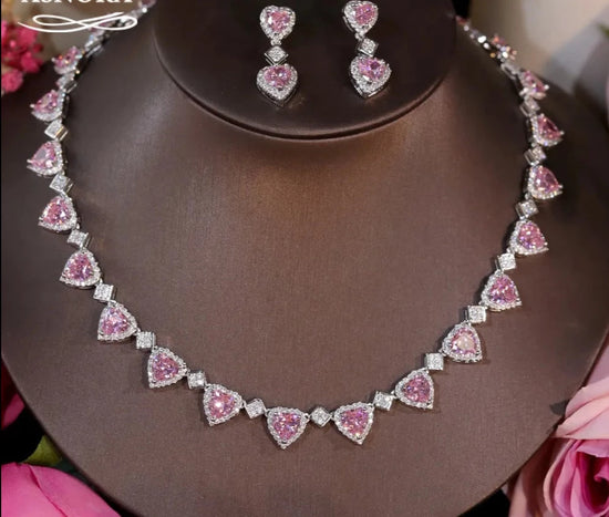 2pcs Cubic Zirconia Pink Heart Shape Necklace Earring for Women Bridal Jewelry Sets