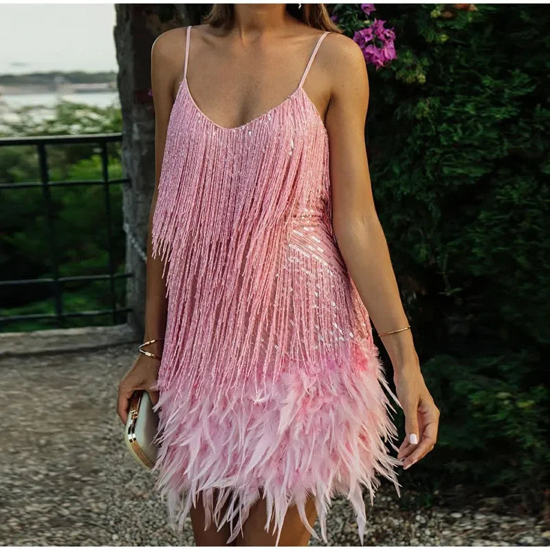 
                      
                        Tassel Sequins Feather Mini Dress Women Spaghetti Strap Party Wedding Boho Chic
                      
                    