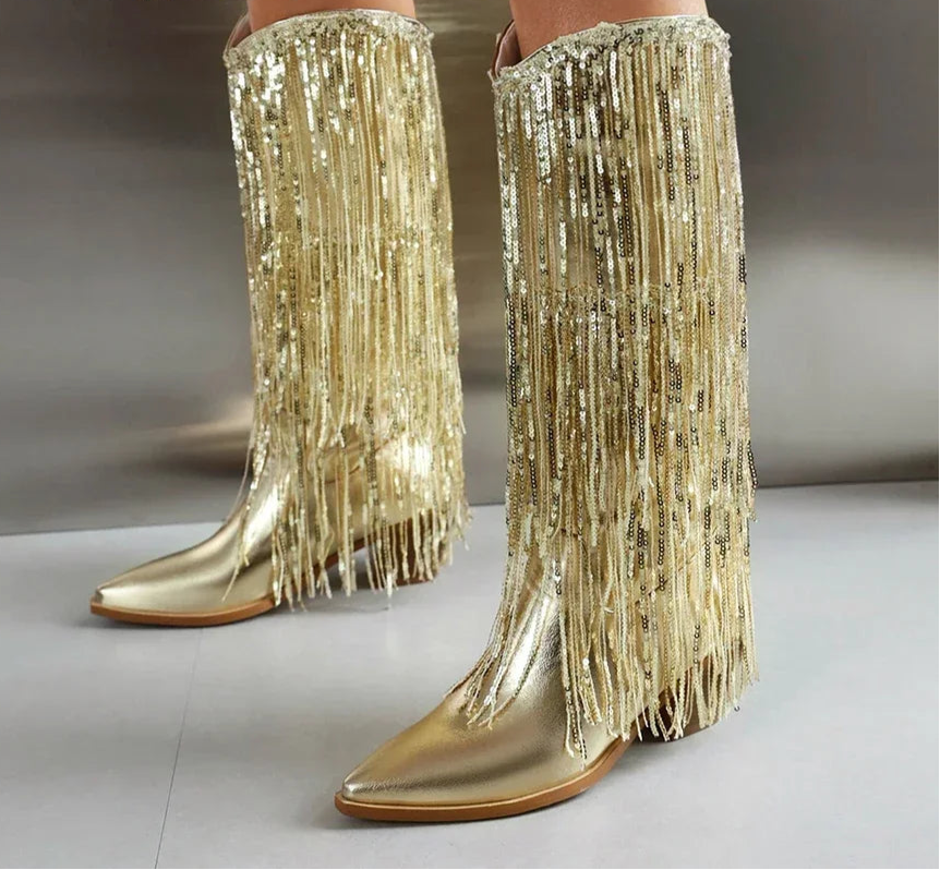 
                      
                        Glitter Gold Knee High Boots Women Block Heels Metallic  Fringe Western Cowgirl Boots
                      
                    