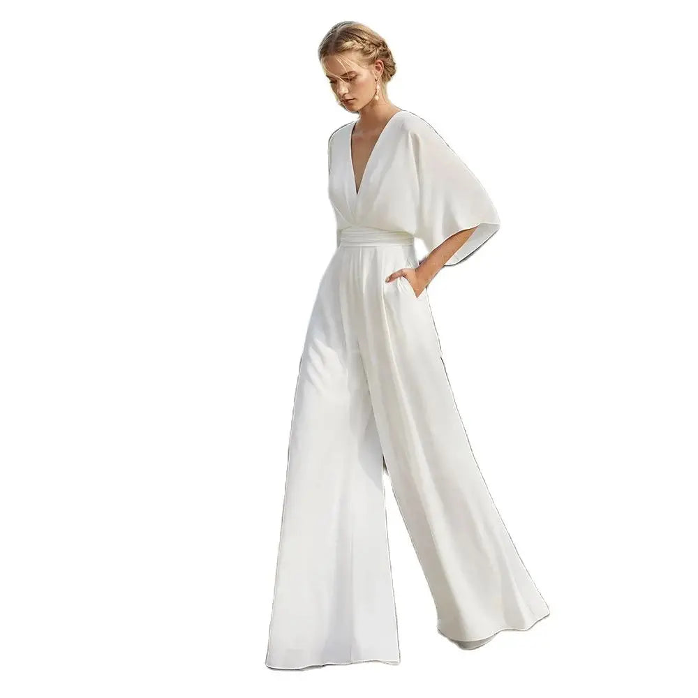 
                      
                        White Jumpsuit Wedding Dress V Neckline Boho Beach Bridal Pants Suit
                      
                    