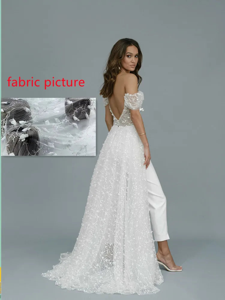 
                      
                        Sexy Wedding Jumpsuit with Long Train 3D Lace Bridal Pants Suit
                      
                    