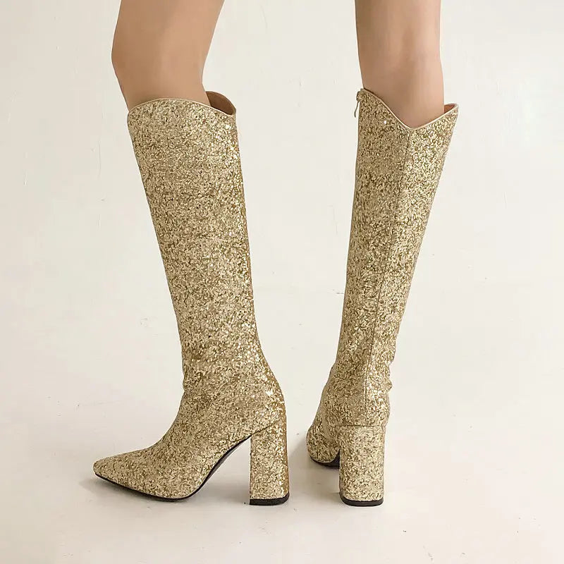 
                      
                        Glitter Bling Party Wedding Pointed Toe Boots Zip Up Block High Heels
                      
                    