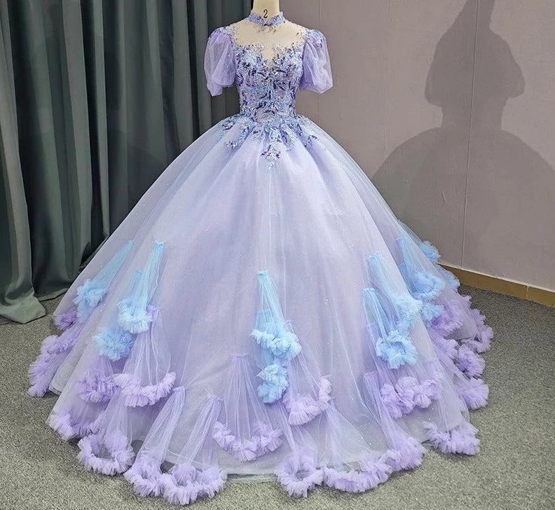 Quincea era Dress With Embroidery High Neck Short Sleeves