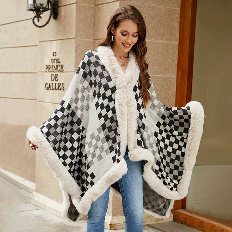 
                      
                        Rhombus Plaid Fur Collar Cape Coat For Women Cardigan Poncho
                      
                    