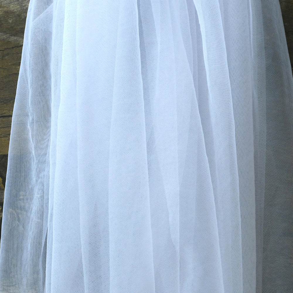 
                      
                        Close-up of a white tulle fabric with a blurred background
                      
                    