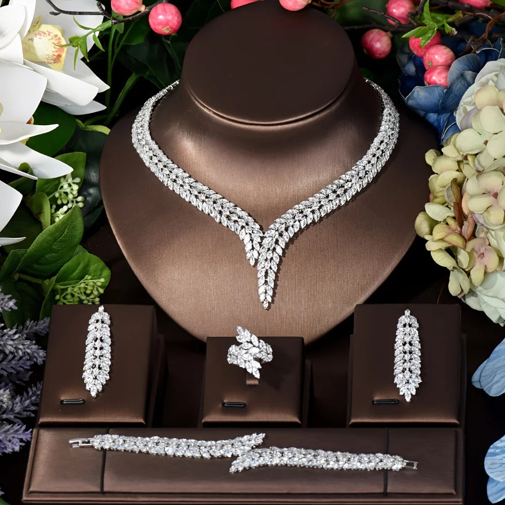 Cubic Zirconia Wedding Jewelry Set For Women Necklace Earring Bracelet, elevate your bridal look with this exquisite cubic zirconia jewelry set,