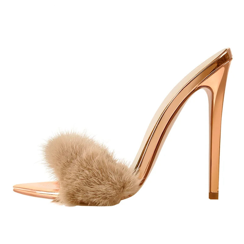 Peep Toe Mules Artificial Fur Slip On Thin High Sandals  Shoes