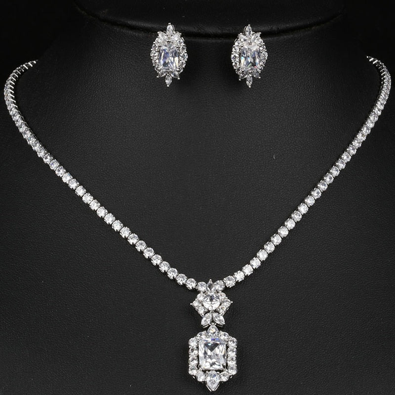Luxury Silver Color Water Drop Cubic Zirconia Wedding Jewelry Sets