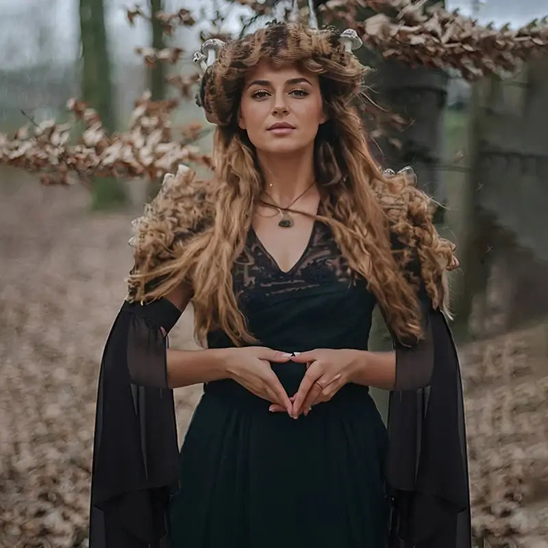 
                      
                        Woman in a dark green dress with a wreath of leaves in a forest setting
                      
                    