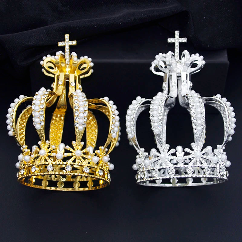 Lantern Crown with Cross Imitation Pearls Rhinestone Tiara Crowns for Birthday Cake Crown Ornaments