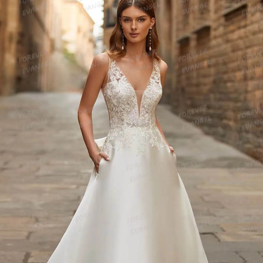 
                      
                        Boho Wedding Dress A Line Sleeveless Backless Satin Bridal Gown
                      
                    