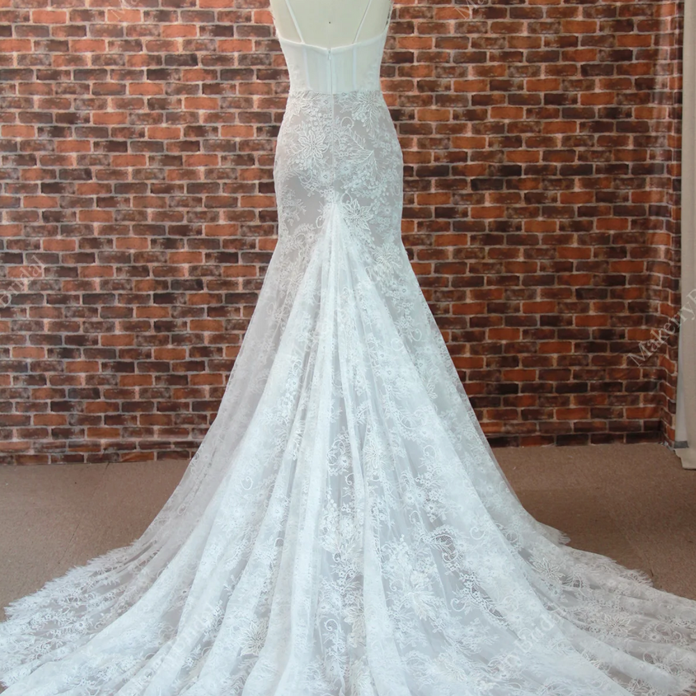 Mermaid Chapel Train Floral Lace Wedding Dress