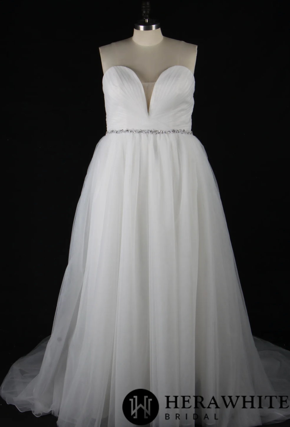 Deep V-Neck Pleated Bodice Tulle A-Line Wedding Dress