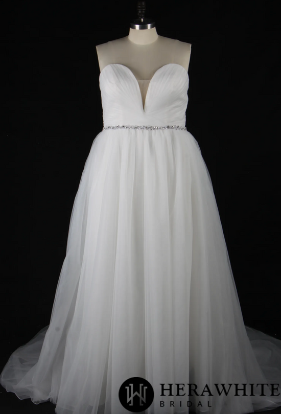 Deep V-Neck Pleated Bodice Tulle A-Line Wedding Dress