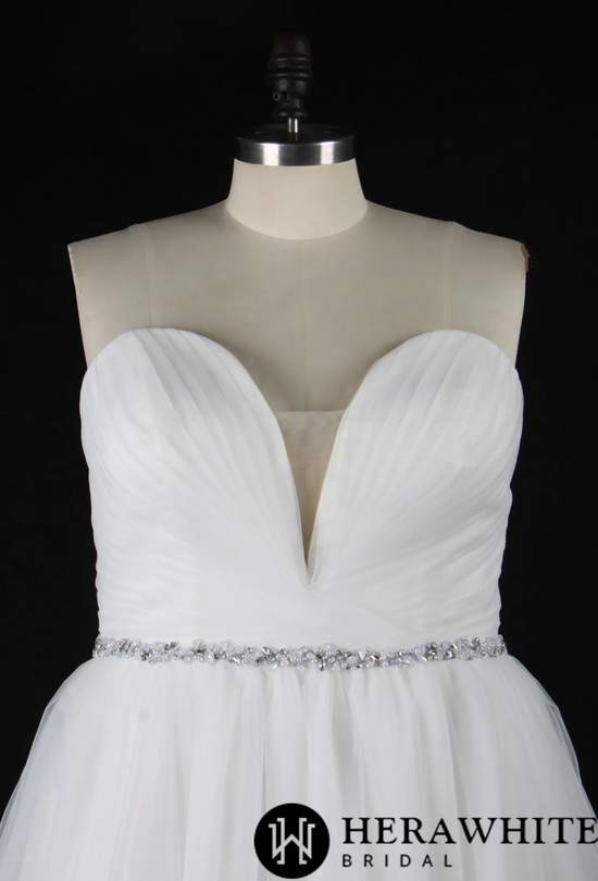Load image into Gallery viewer, Deep V-Neck Pleated Bodice Tulle A-Line Wedding Dress
