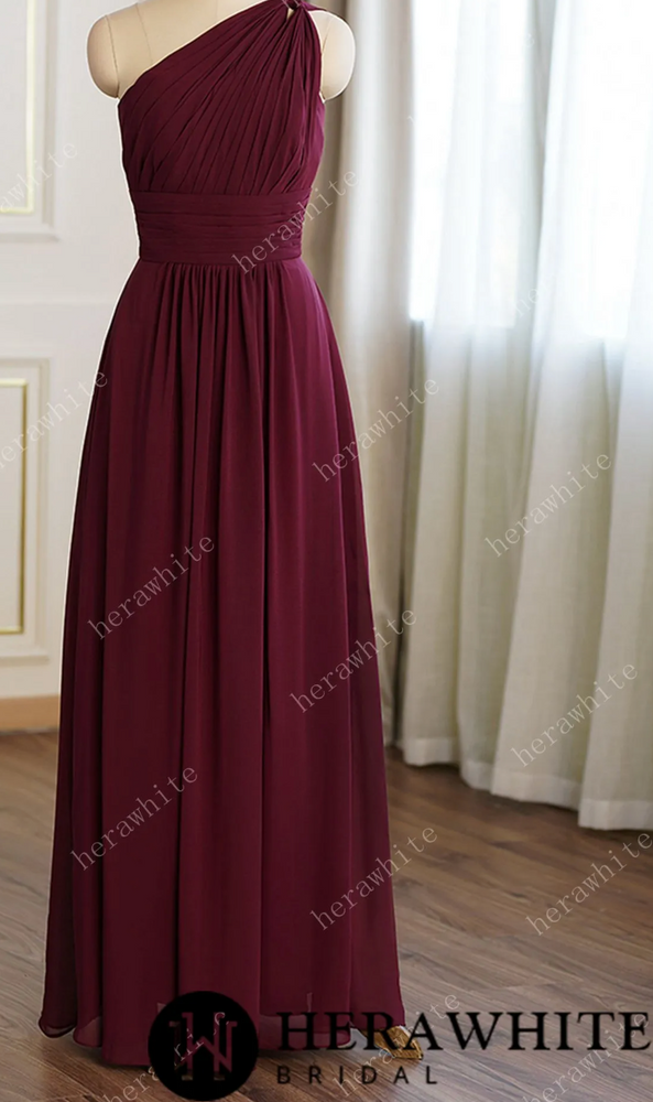 A-line Burgundy Chiffon One Shoulder Bridesmaid Dress