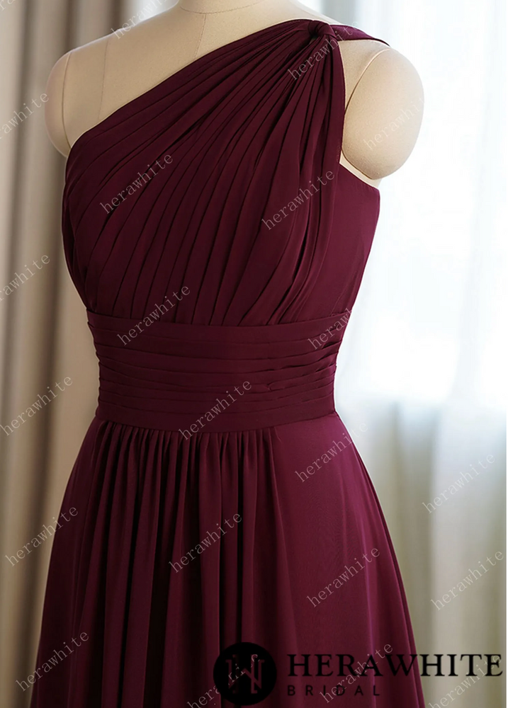 
                      
                        A-line Burgundy Chiffon One Shoulder Bridesmaid Dress
                      
                    