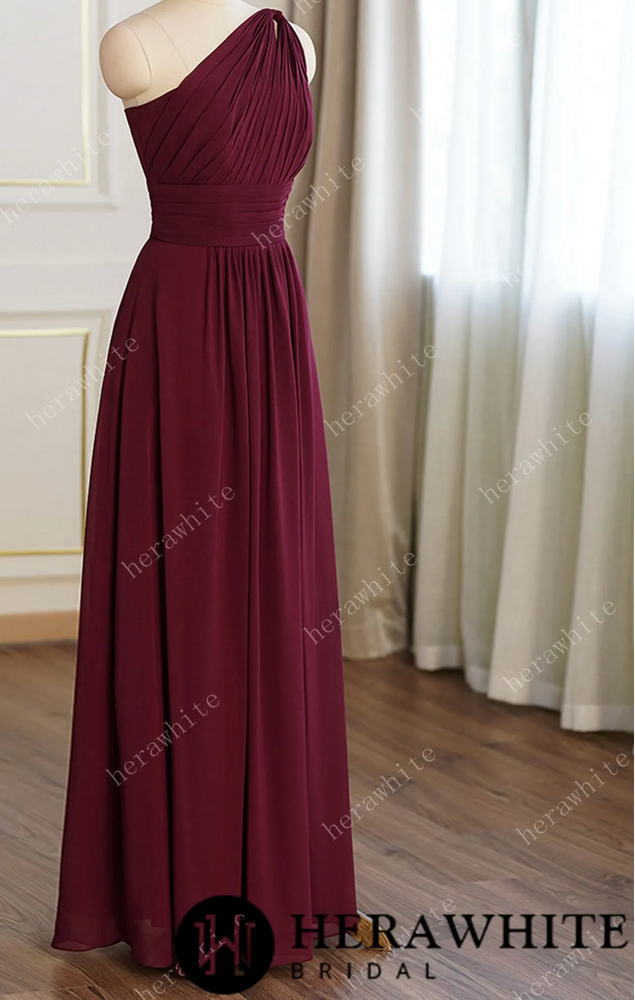 
                      
                        A-line Burgundy Chiffon One Shoulder Bridesmaid Dress
                      
                    