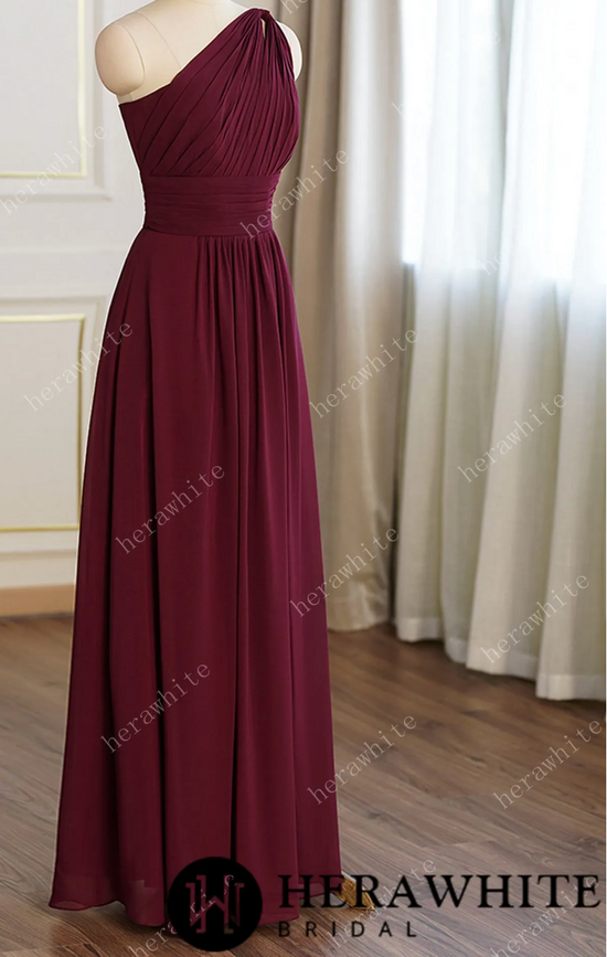 Load image into Gallery viewer, A-line Burgundy Chiffon One Shoulder Bridesmaid Dress
