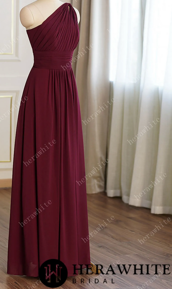 
                      
                        A-line Burgundy Chiffon One Shoulder Bridesmaid Dress
                      
                    