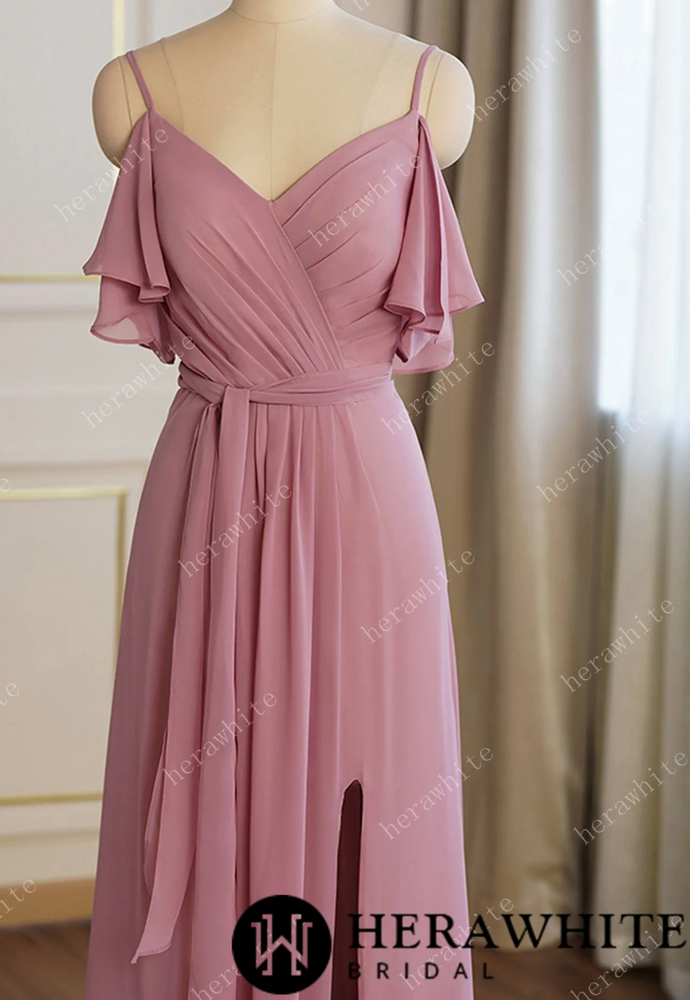 
                      
                        Off Shoulder Chiffon Long Bridesmaid Dress Pleated With Split
                      
                    