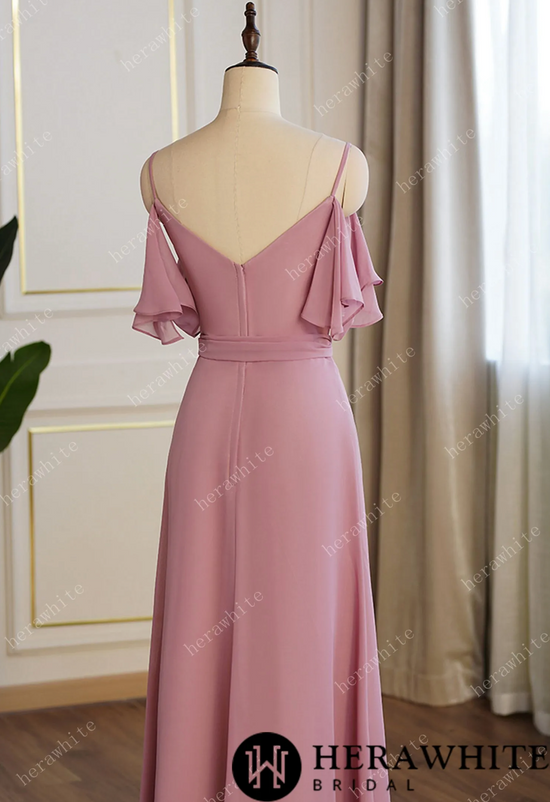 Load image into Gallery viewer, Off Shoulder Chiffon Long Bridesmaid Dress Pleated With Split
