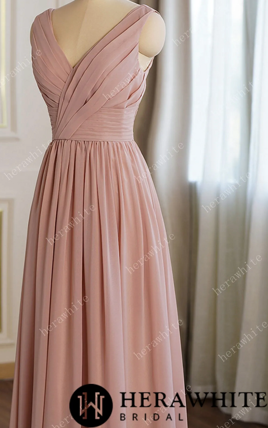 Load image into Gallery viewer, Coral Pleated V-neck Aline Bridesmaid Dress
