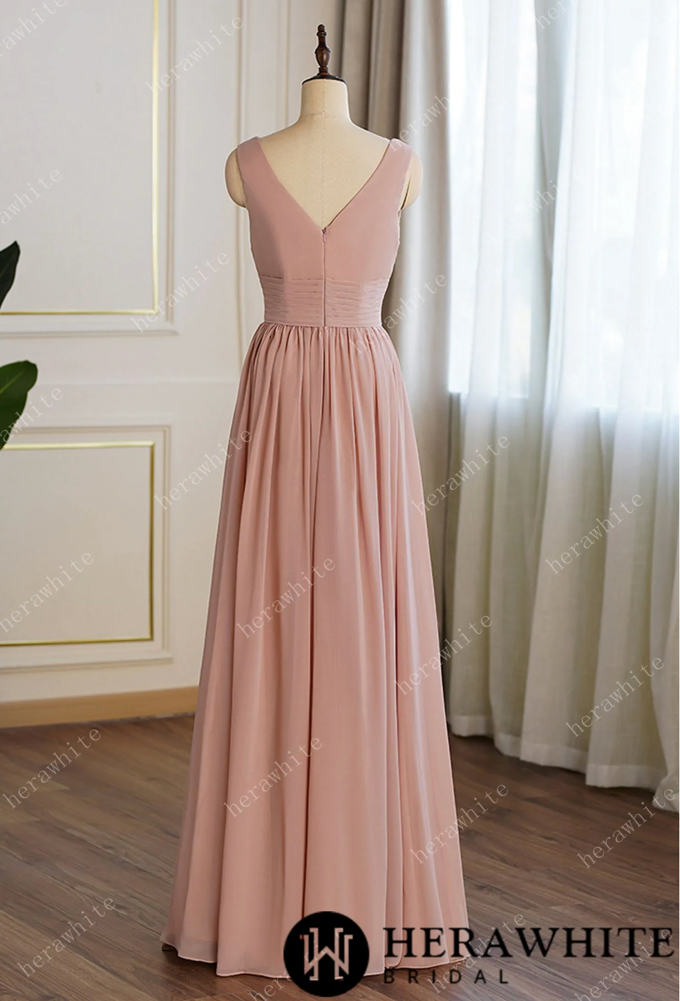 Load image into Gallery viewer, Coral Pleated V-neck Aline Bridesmaid Dress
