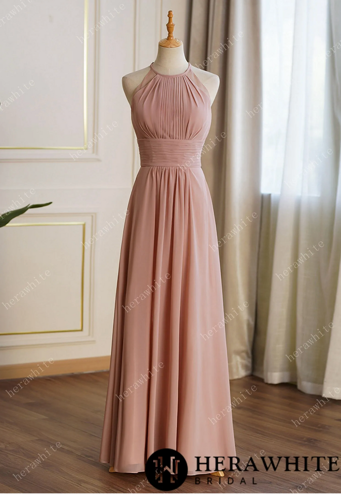 Long Eyelet A Line Ruched Chiffon Bridesmaid Dresses