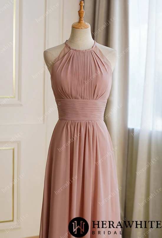 Load image into Gallery viewer, Long Eyelet A Line Ruched Chiffon Bridesmaid Dresses

