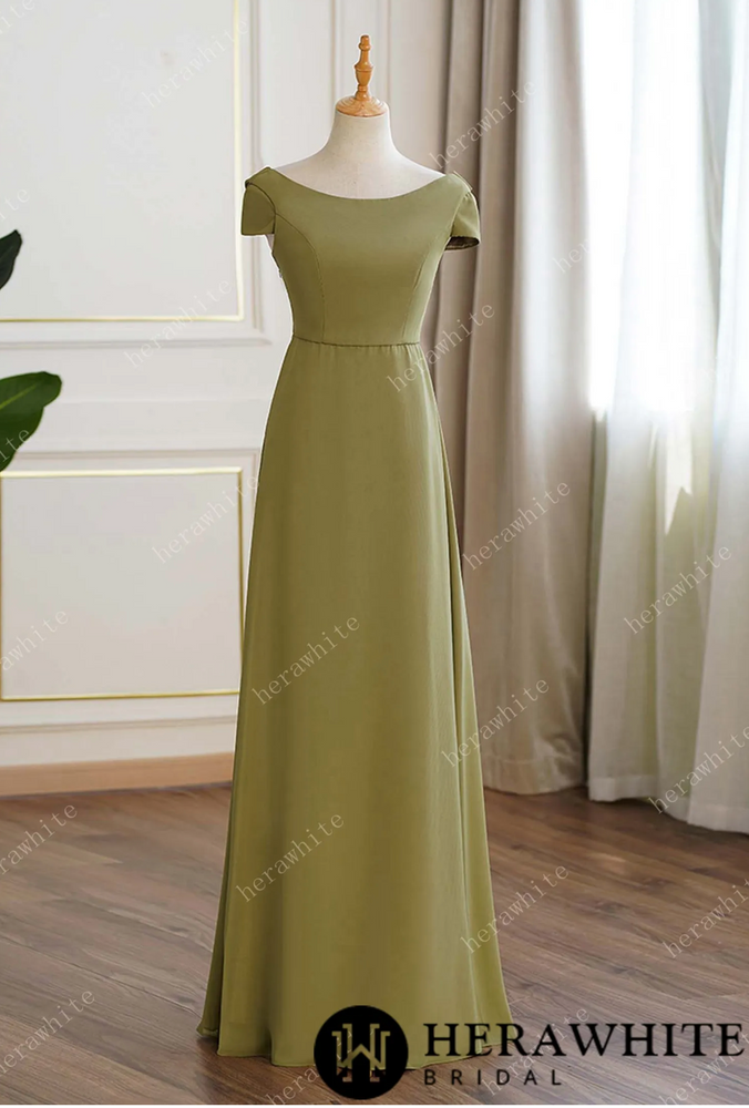 Lime Green Chiffon Cap Sleeves Long Bridesmaid Dress