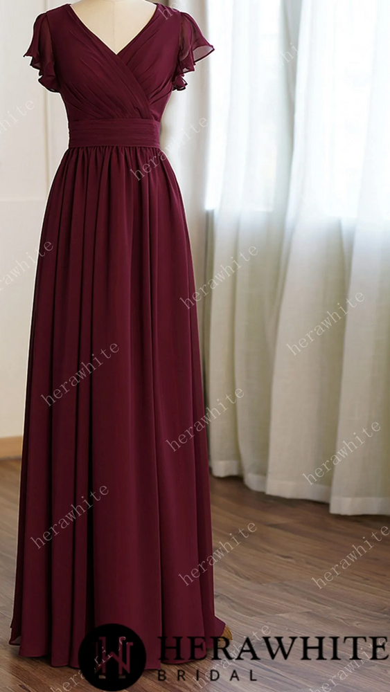 Bridesmaid Dresses for Long Modest V Neck Chiffon Dress with Short Sleeves