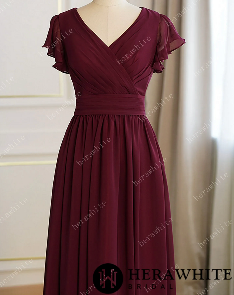 
                      
                        Bridesmaid Dresses for Long Modest V Neck Chiffon Dress with Short Sleeves
                      
                    